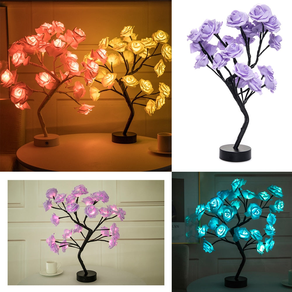 Lampe de table LED à fleurs roses